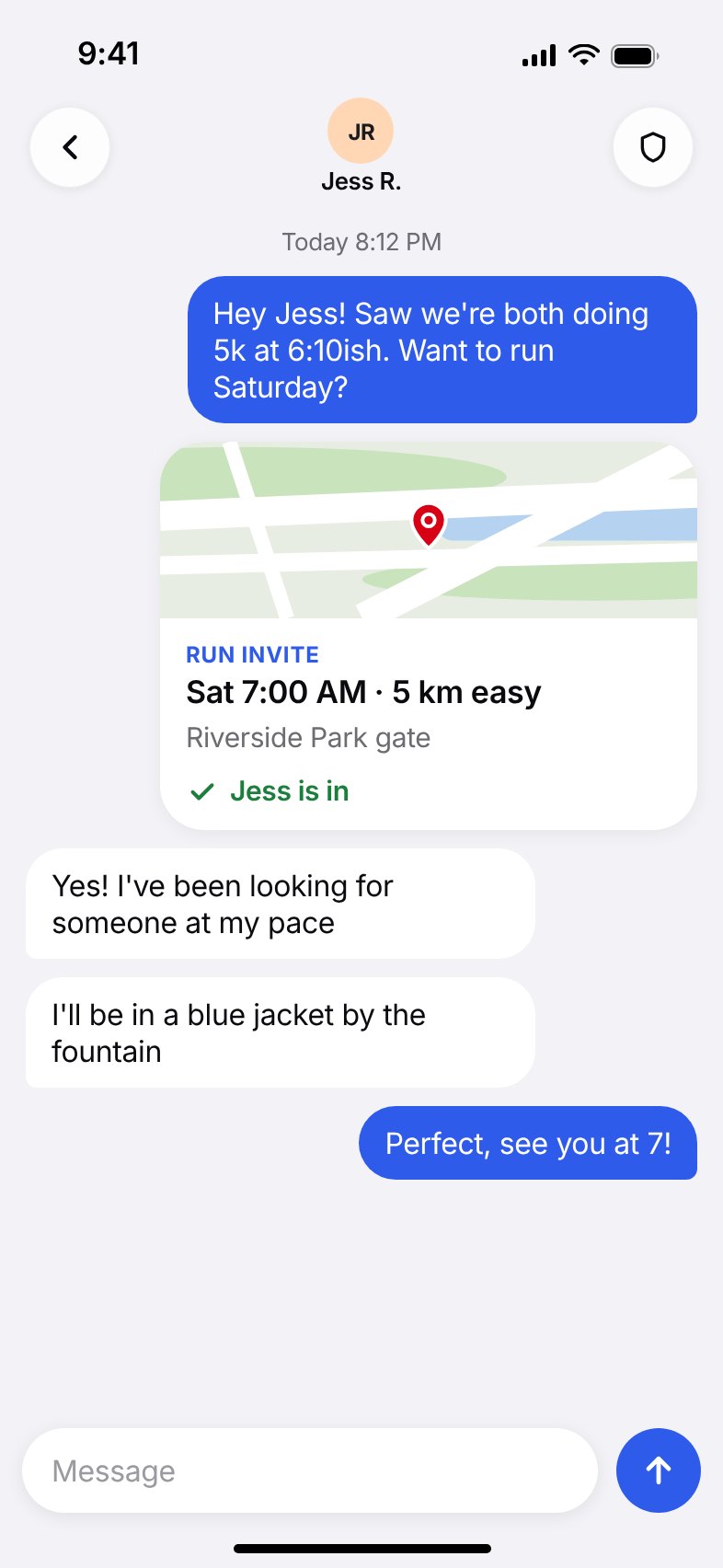 A chat with Jess showing an accepted run invite for Saturday at 7:00 AM at the Riverside Park gate.