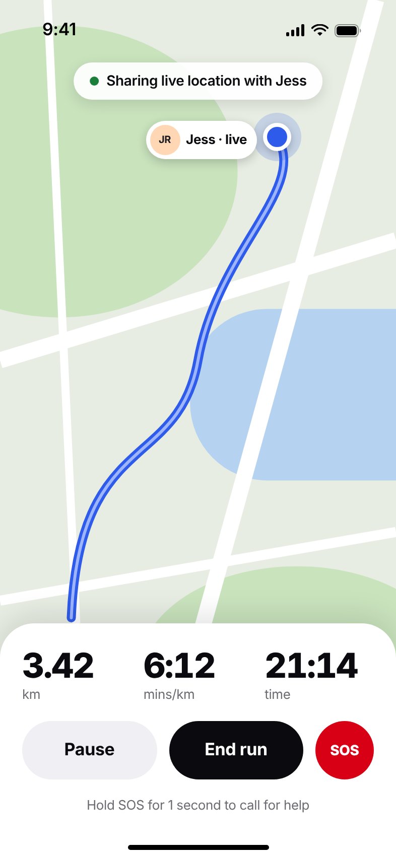 A live run at 3.42 km and 6:12 per kilometre, sharing live location with Jess, with Pause, End run and SOS buttons.