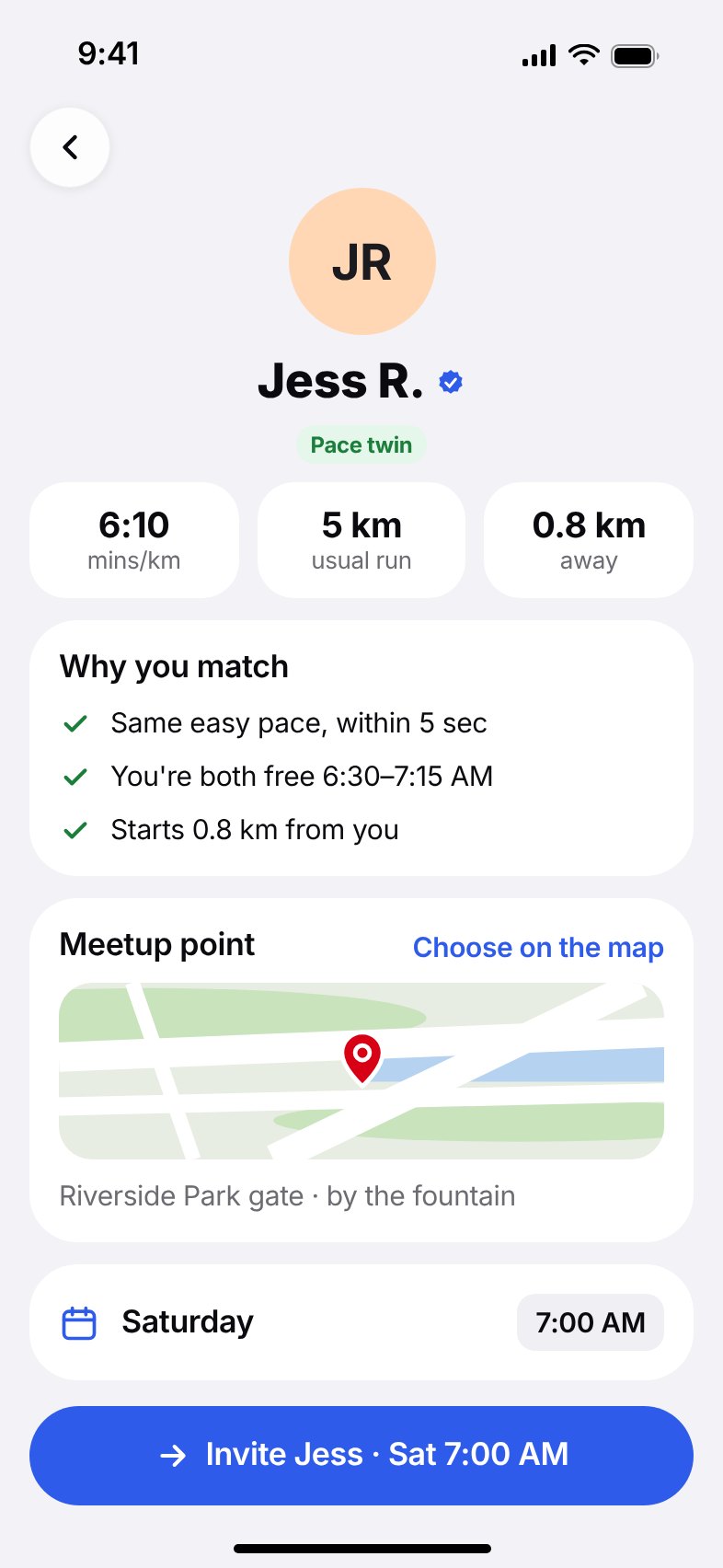 Jess's profile: 6:10 per kilometre, usually runs 5 km, 0.8 km away, with reasons you match and a suggested meetup point.